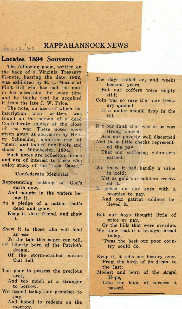 Poem on 1862 VA Treasury Note