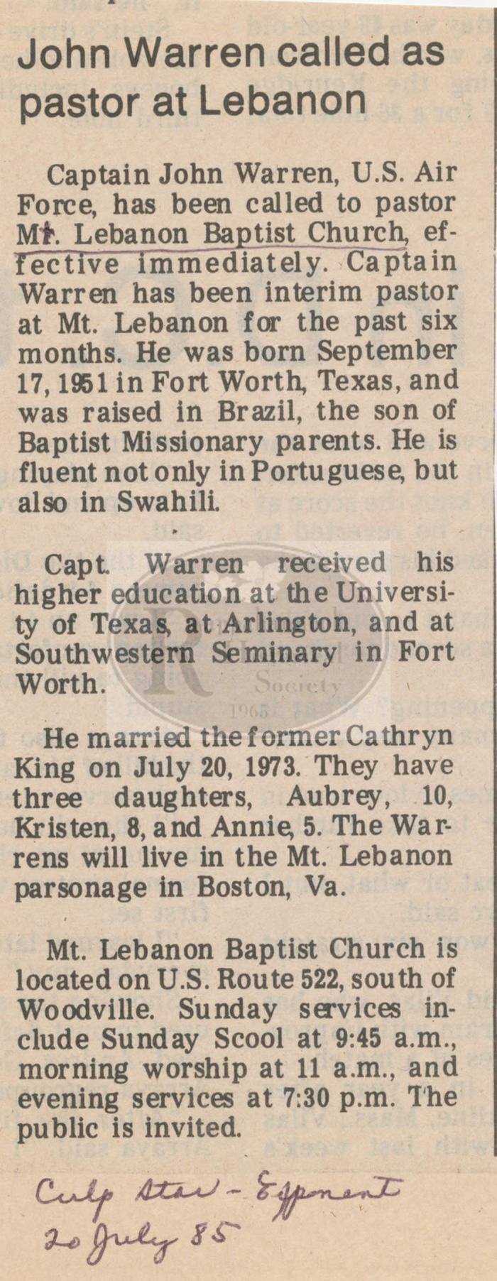 John Warren Called as Pastor to Mt. Lebanon