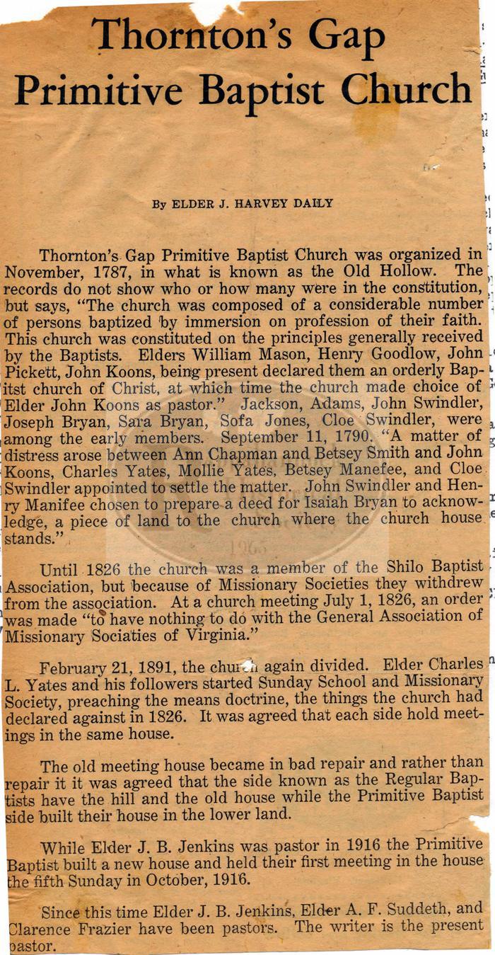 Elder Harvey Daily's History of Thornton Gap Primitive Baptist Church