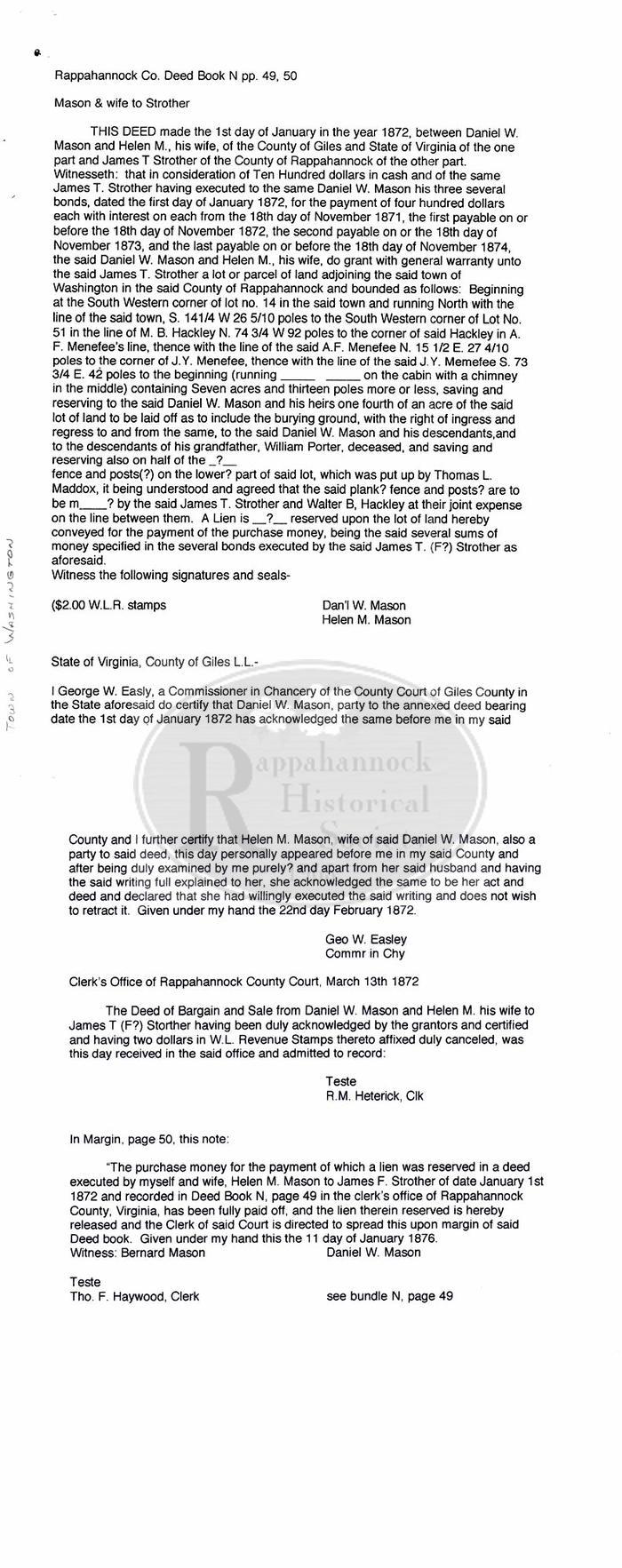 Deed Book N. Mason & wife to Strother pages 49-50