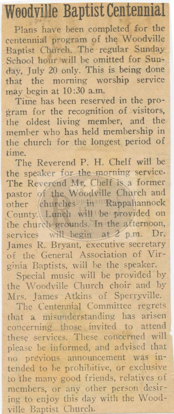 Centennial Held at Woodville Baptist Church