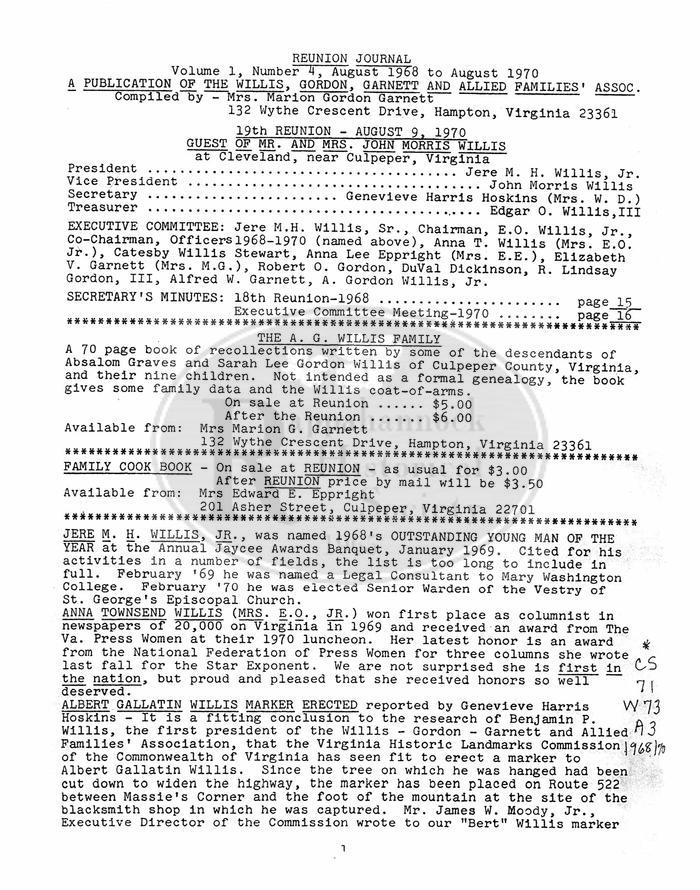 Journal for the Willis Reunion in 1970