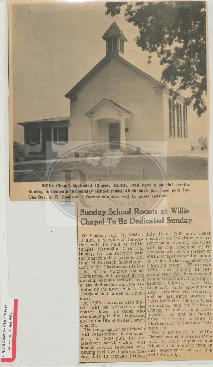 Sunday School Rooms to Be Dedicated at Willis Chapel