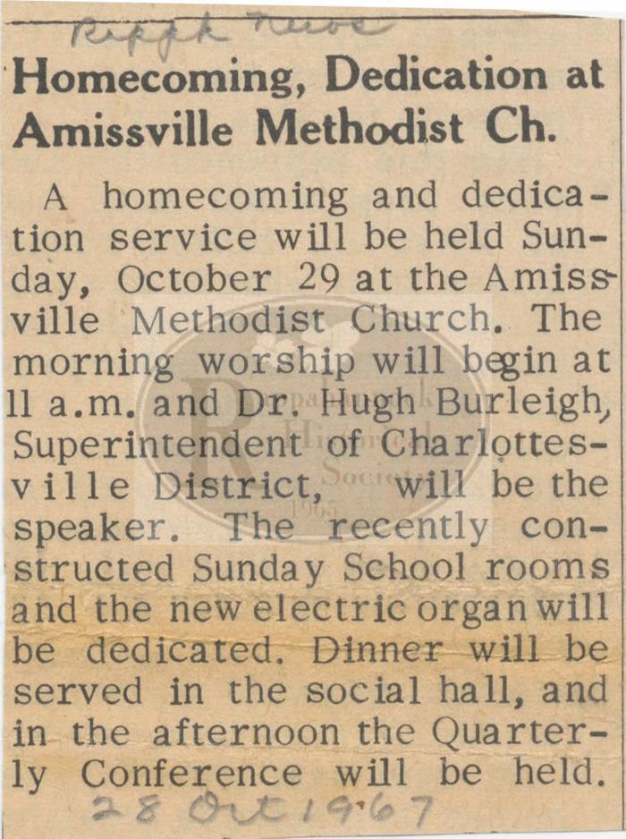 Homecoming and Dedication at Amissville Methodist 