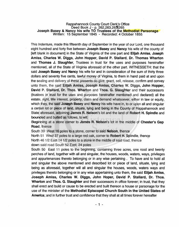 Rappahannock Deed Book J-Conveyance of Land for Methodist Parsonage