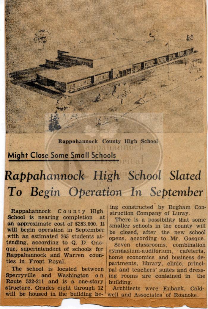 New Rappahannock County High School Building to Open in 1965.