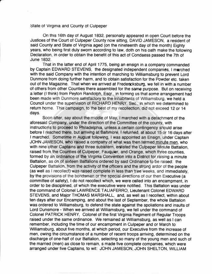 Record of Court Hearing for David Jameson to Receive Revolutionary War Pension