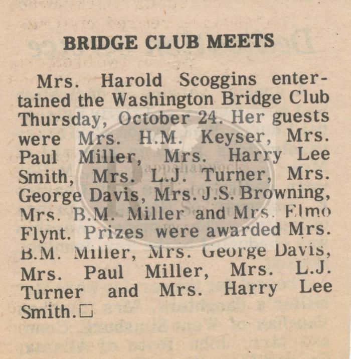 Notice of Bridge Club Meeting held at Mrs. Harold Scroggins
