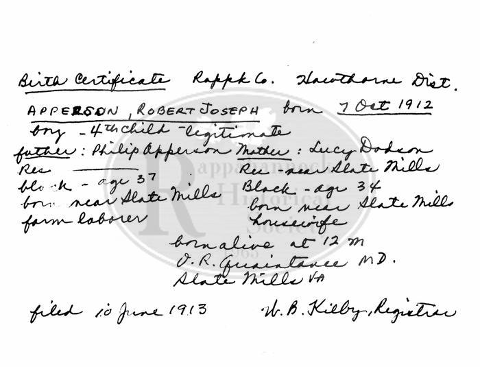 Birth Record of Robert Joseph Apperson