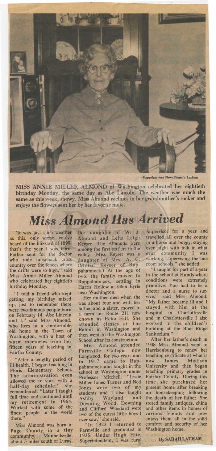 Miss Annie Miller Almond turns 80