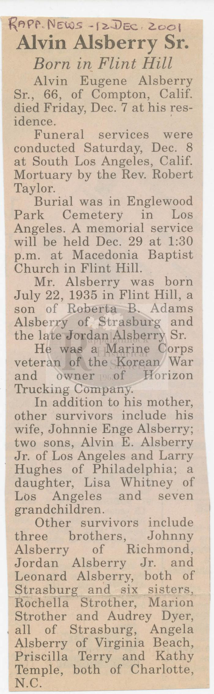 Alvin Alsberry Sr. Obituary