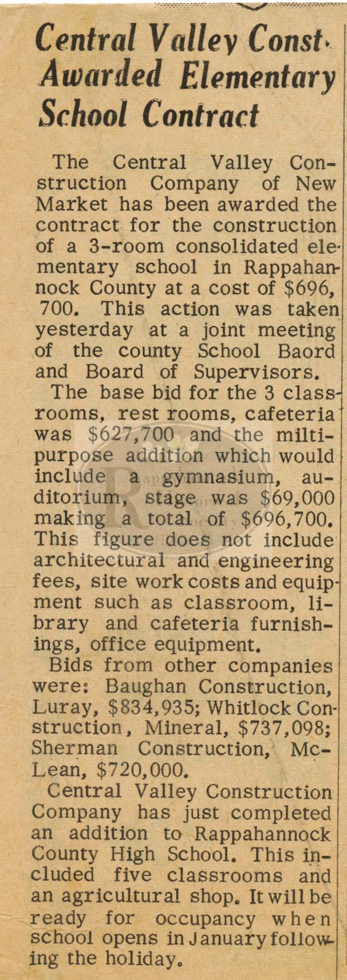 Contract Awarded for Construction of Rappahannock Elementary School