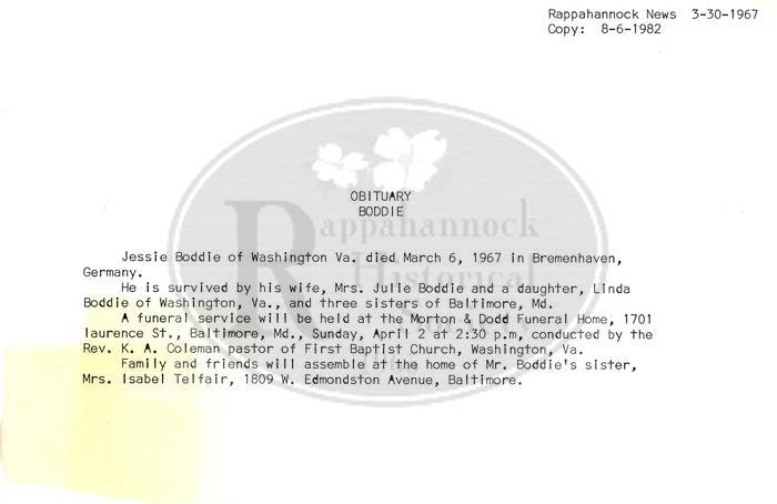 Death Notice of Jessie Boddie