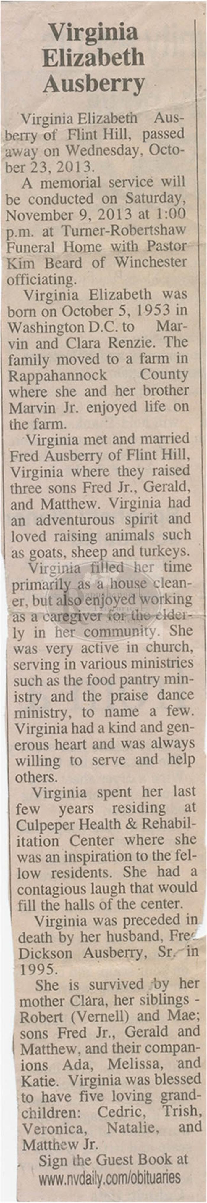 Obituary of Virginia Elizabeth Ausberry