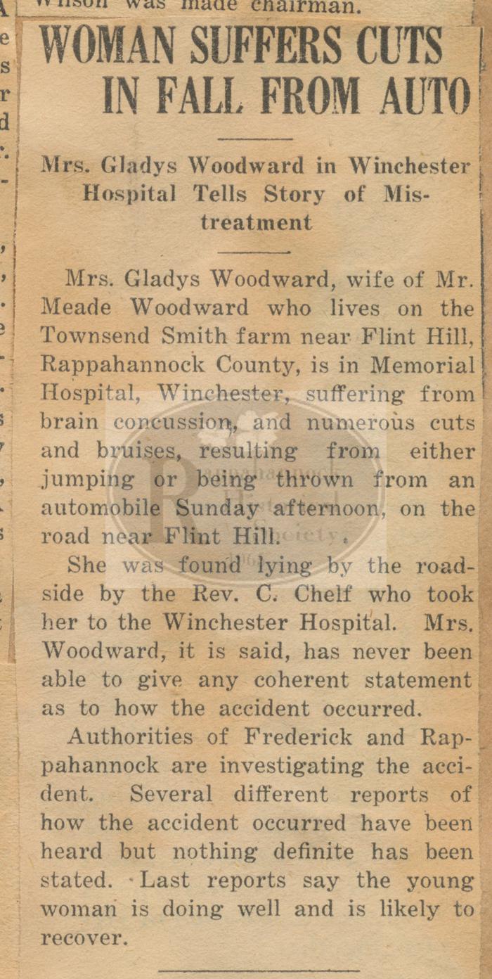 Mrs. Gladys Woodward Injured After Fall from a Car