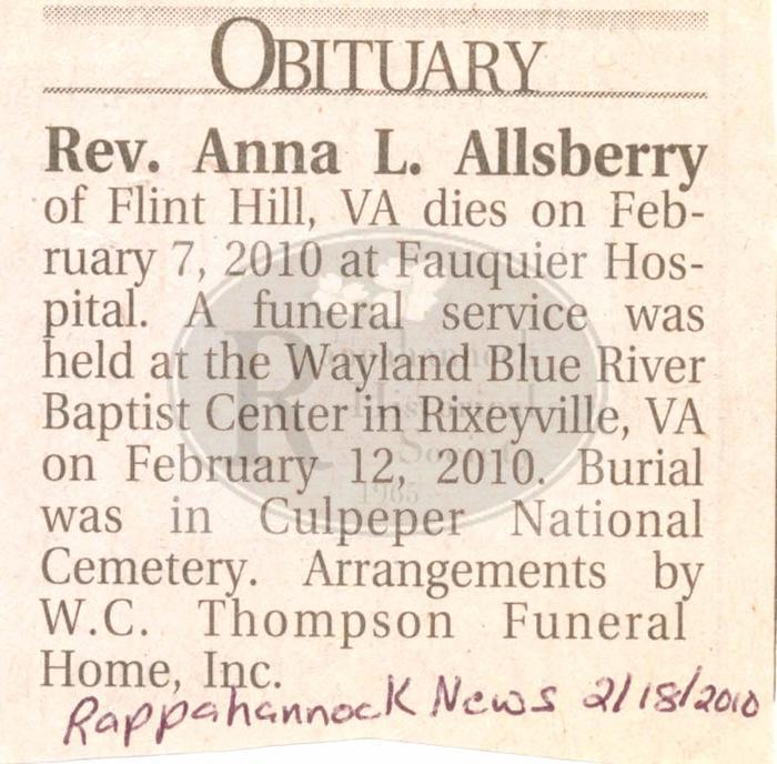 Rev. Anna Allsberry Death Notice