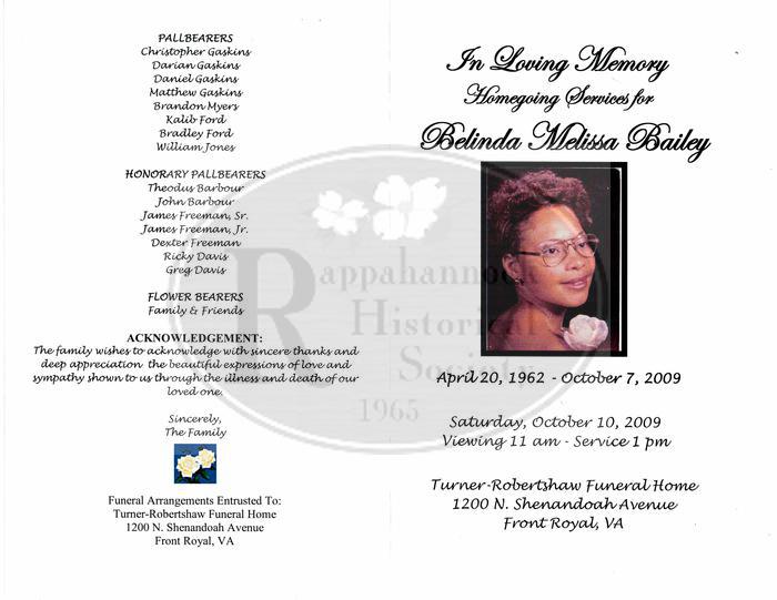 Program for the Funeral of Belinda Melissa Bailey
