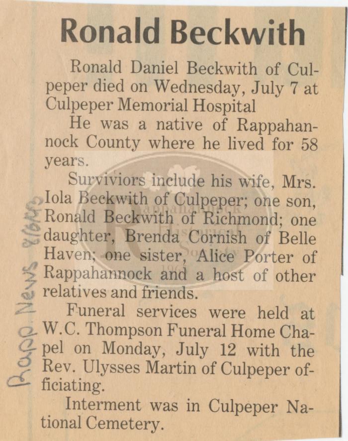 Ronald Daniel Beckwith Obituary