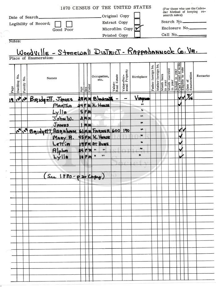 James & Abraham Bridget Families in the 1870 Census