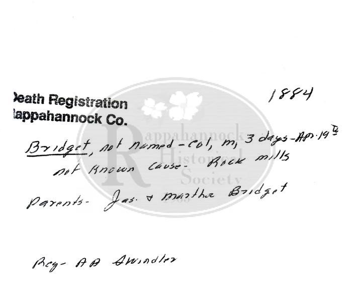 Death Record of Infant Son of James and Martha Bridget