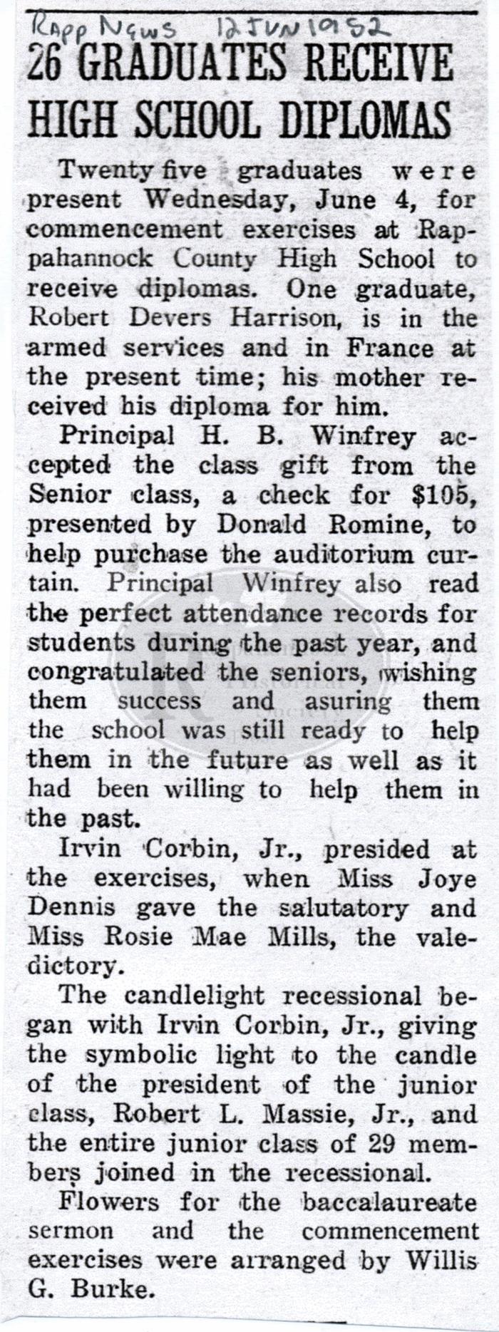 1952 Rappahannock County High School Graduation Exercises