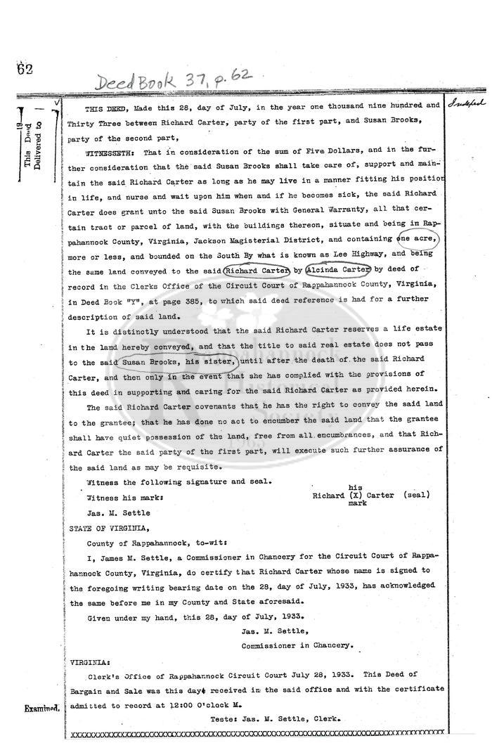 1933 Deed-Richard Carter to Susan Brooks