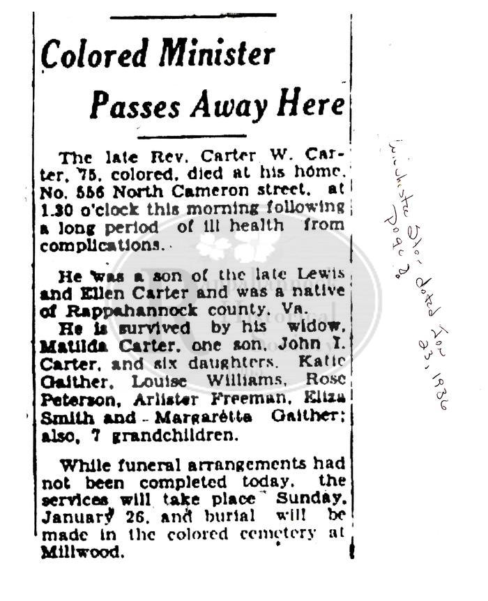 Obituary for the Reverend Carter W. Carter