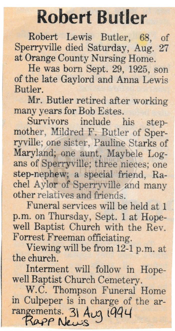 Robert Lewis Butler Obituary
