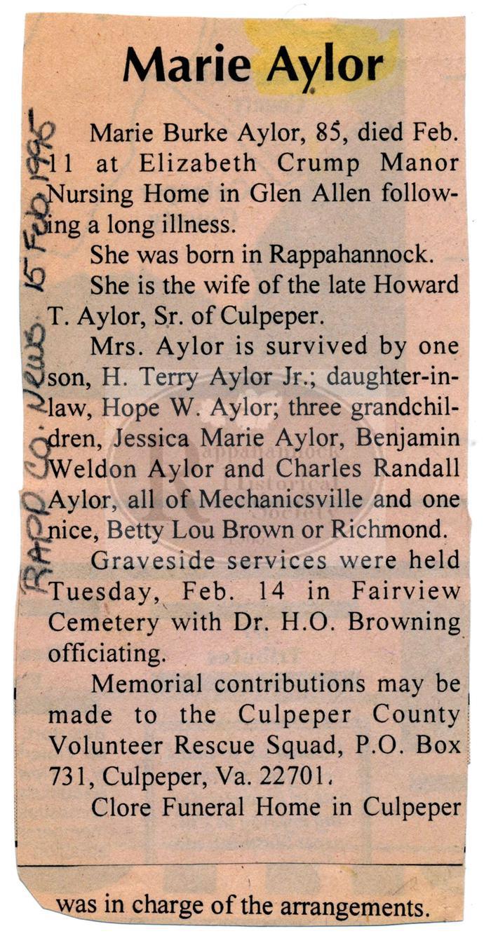 Marie Burke Aylor Obituaries