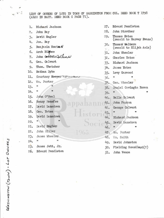 List of the owners of the lots in the town of  Washington in 1798.