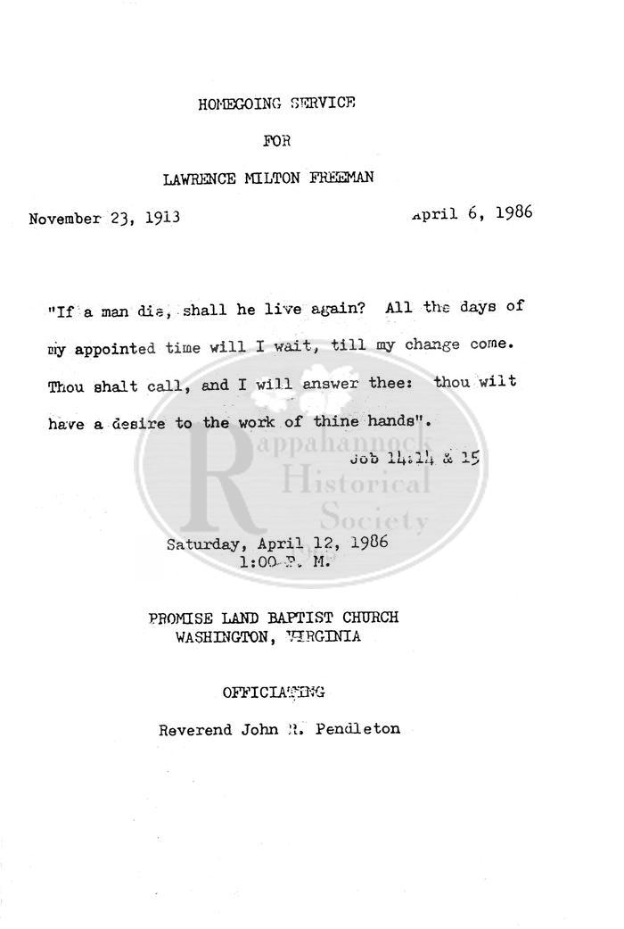 Funeral Program for Lawrence Milton Freeman