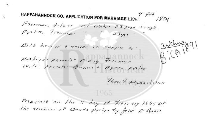 Marriage Record of Arthur Freeman and Texanna Porter