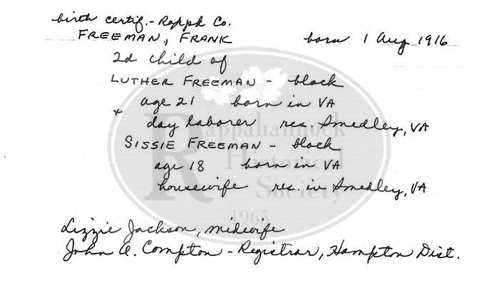 Birth Record of Frank Freeman