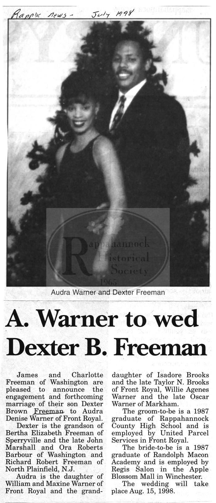 Dexter Freeman to Wed Denis Warner
