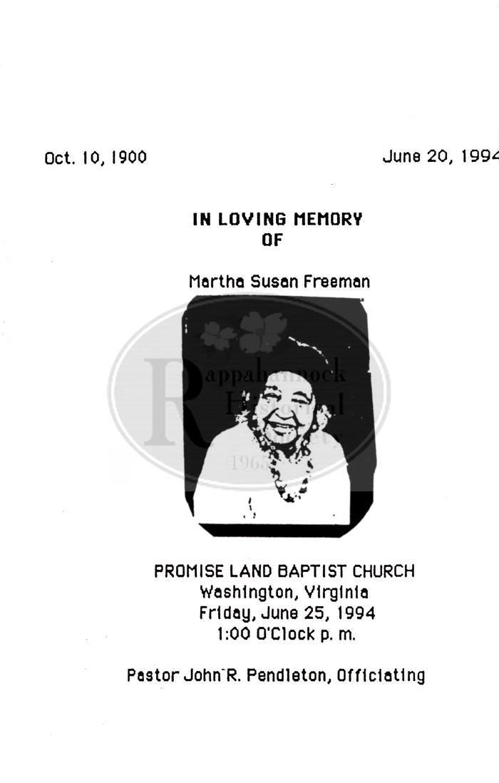 Funeral Program for Martha Susan Freeman