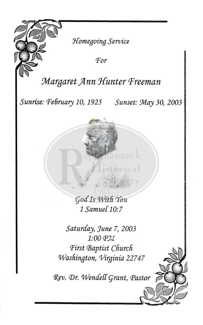 Funeral Program for Margaret Ann Hunter Freeman
