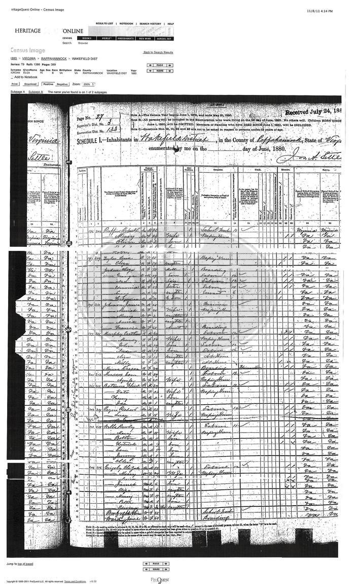 1880 Wakefield Census page-Ruffin-Ward