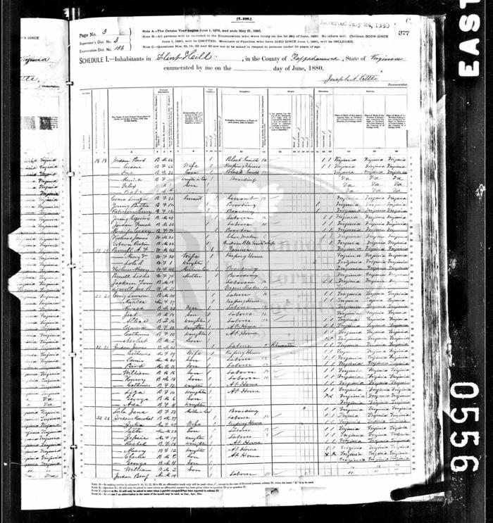 1880 Flint Hill Census Page-Bird Jordan-Marshall Jordan