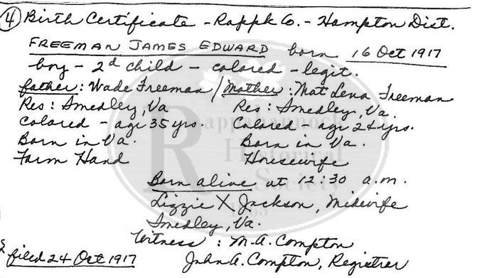 James Edward Freeman Birth Record