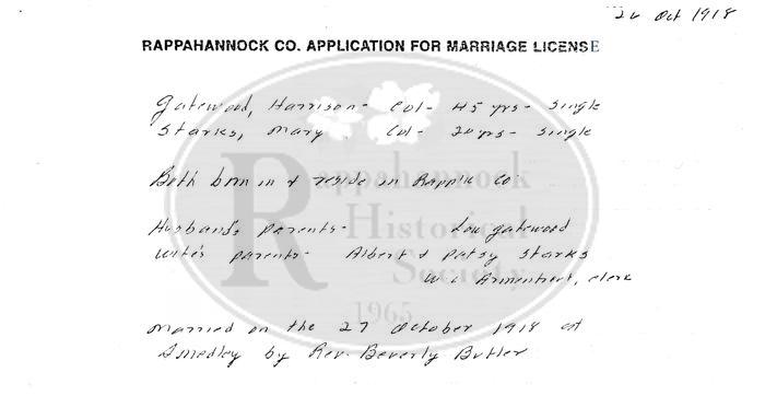 Marriage Record of Harrison Gatewood and Mary Starks. 