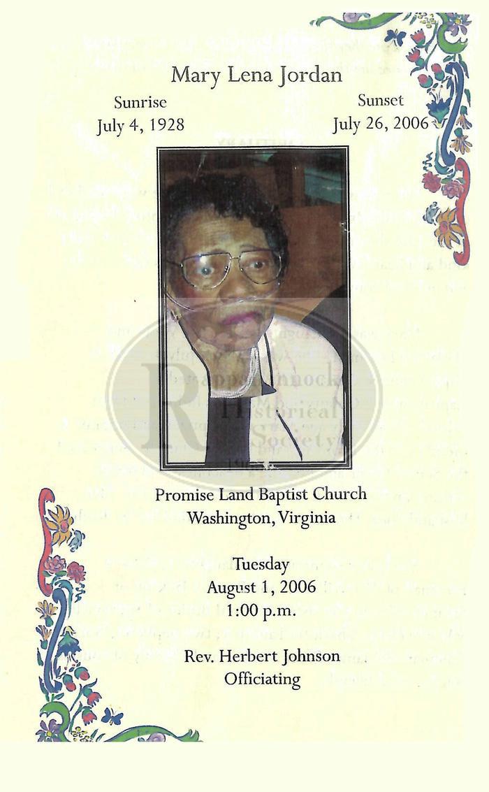 Mary Lena Jordan Funeral Program