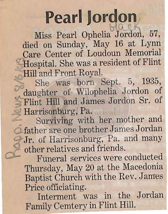 Pearl Ophelia Jordan Obituary