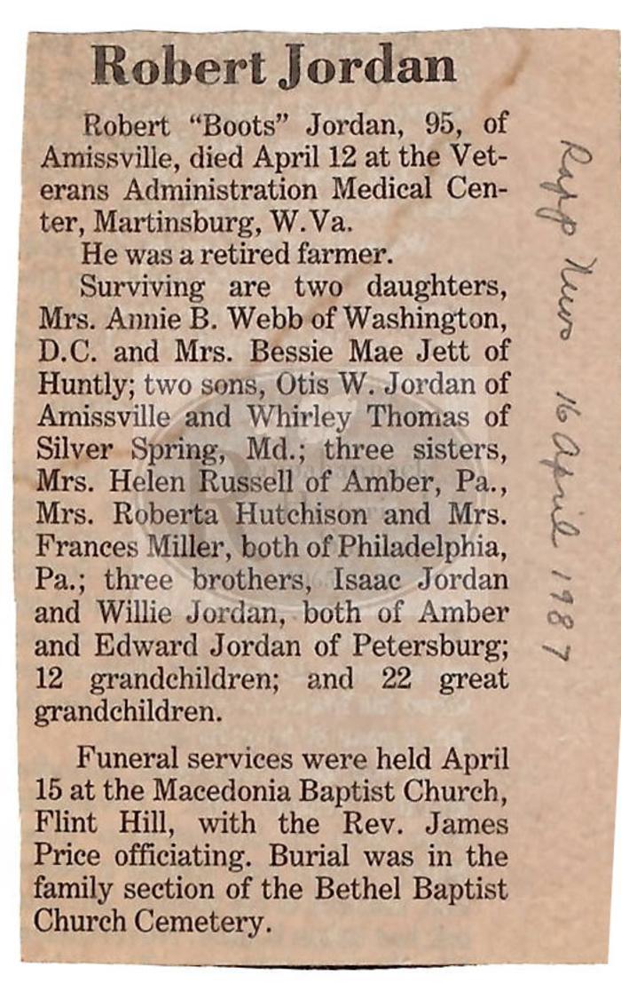 Robert "Boots" Jordan Obituary