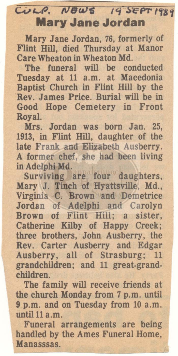 Mary Jane Jordan Obituary 1913-1989