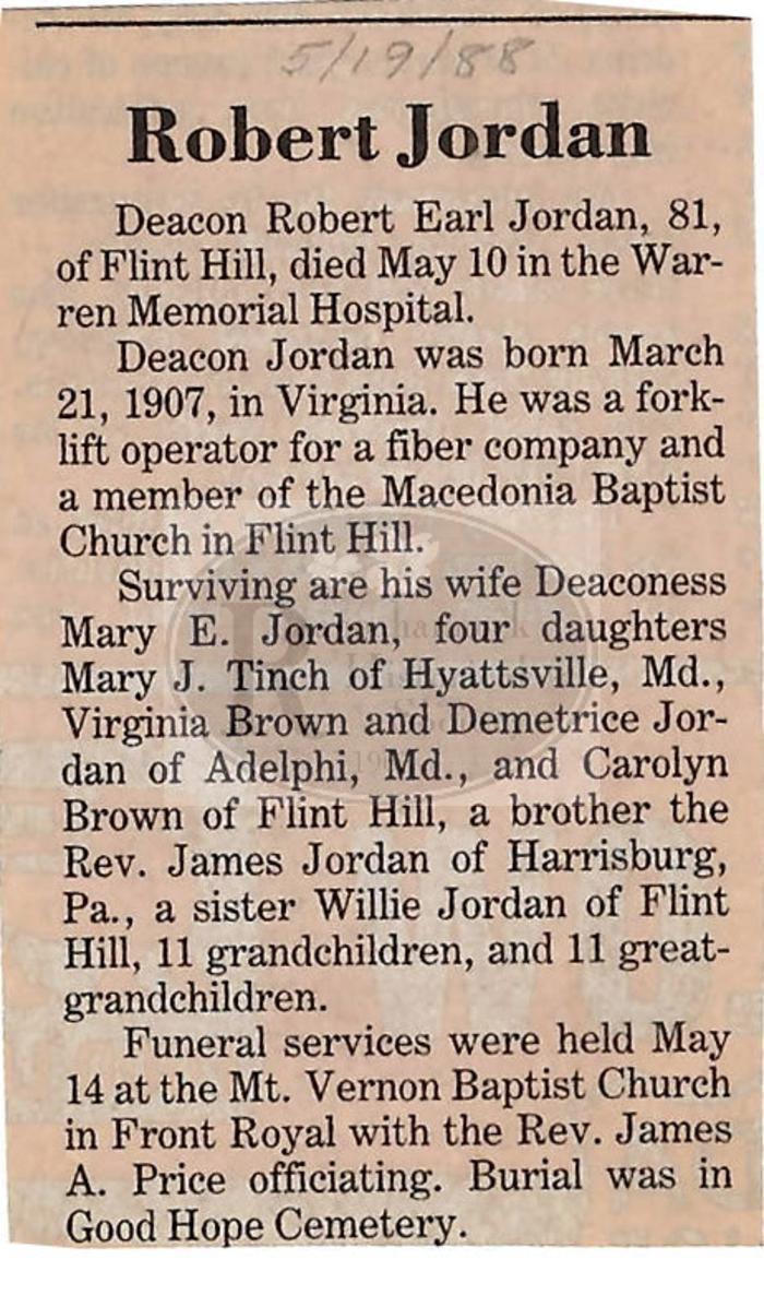 Deacon Robert Earl Jordan Obituary