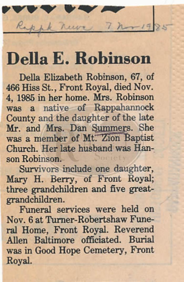 Della Elizabeth Robinson Obituary