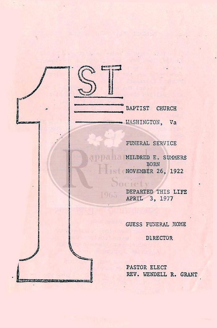 Funeral Program for Mildred Elizabeth Summers