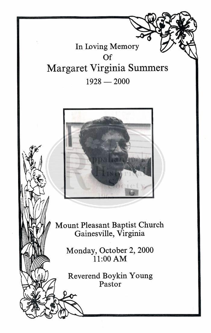 Margaret V. Dade Summers Funeral Program