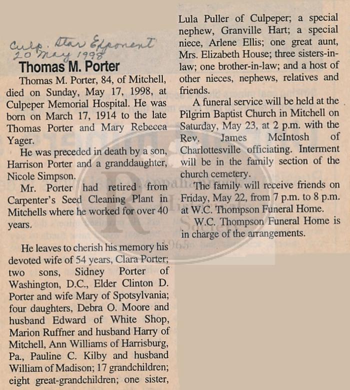 Thomas M. Porter Obituary 1914-1998