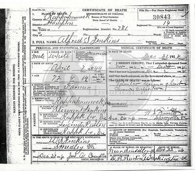 Death Record of Alfred Jenkins 1916